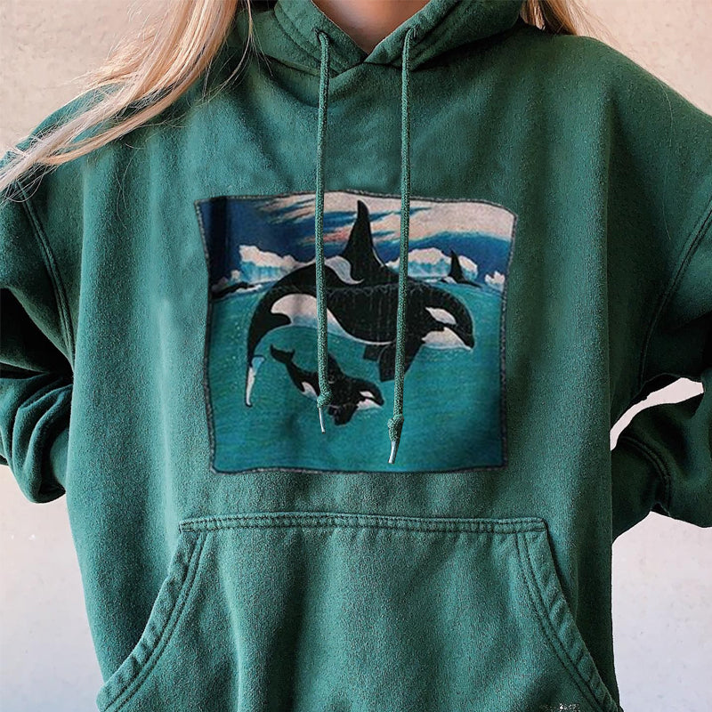 Retro Surf Casual Orca Shark Print Hoodie